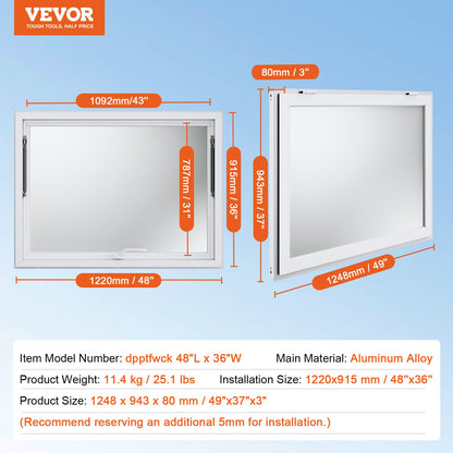 Concession Window for Food Truck, 48"x36" Aluminum Alloy Food Truck Service Window, Up to 85 Degrees Stand Serving Window with Awning Door & Drag Hook, for Food Trucks Concession Trailers