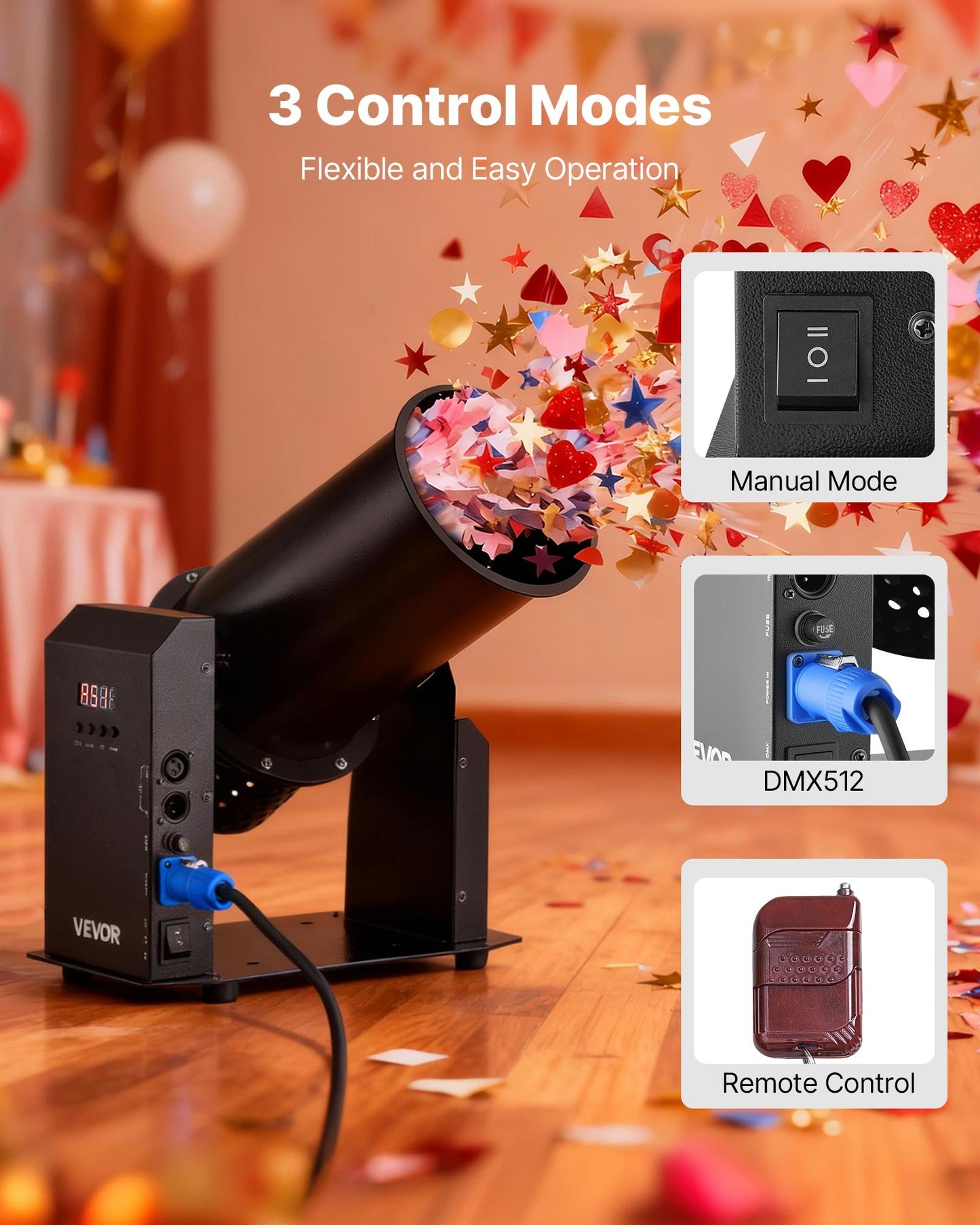 Electric Confetti Machine, 1500W Powerful Output Confetti Cannon Launcher, DMX512, Manual & Remote Control, Portable Confe-tti Shooter for Wedding Christmas Party Event Show Stage Nightclub