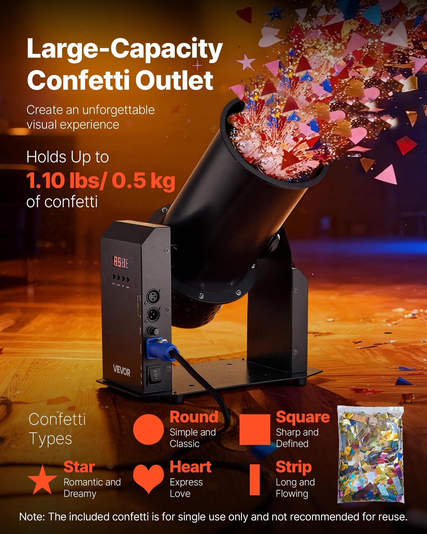 Electric Confetti Machine, 1500W Powerful Output Confetti Cannon Launcher, DMX512, Manual & Remote Control, Portable Confe-tti Shooter for Wedding Christmas Party Event Show Stage Nightclub