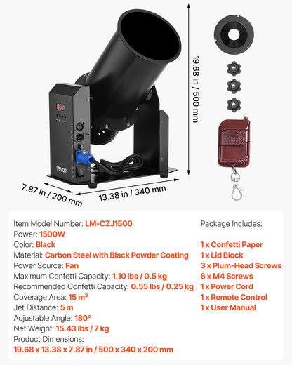 Electric Confetti Machine, 1500W Powerful Output Confetti Cannon Launcher, DMX512, Manual & Remote Control, Portable Confe-tti Shooter for Wedding Christmas Party Event Show Stage Nightclub