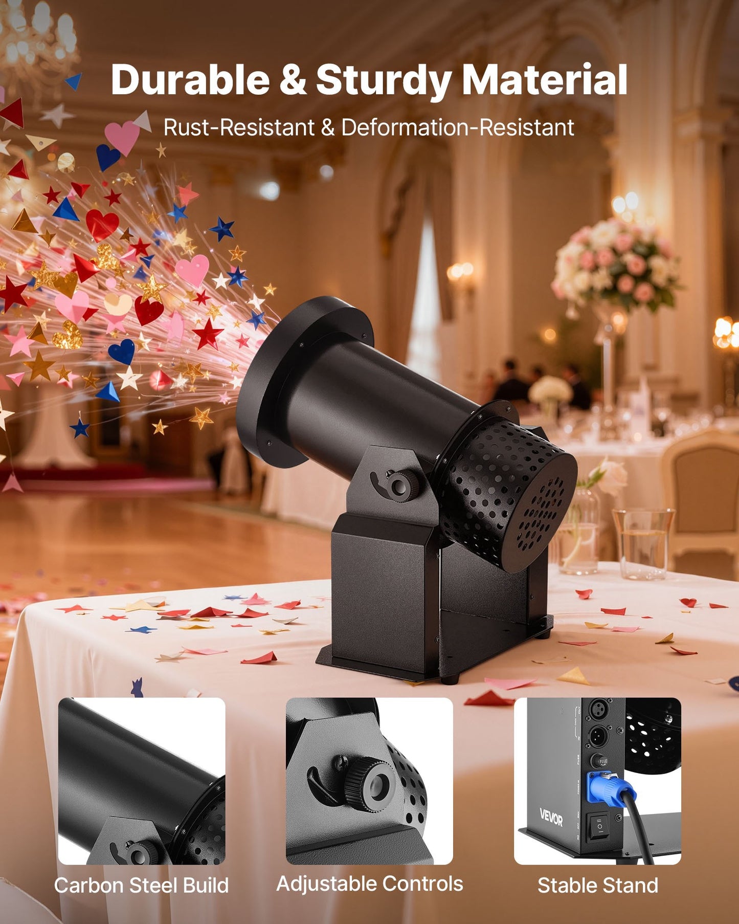 Electric Confetti Machine with LED Lights, 1500W Powerful Output Confetti Cannon Launcher, DMX512, Manual & Remote Control, Portable Confe-tti Shooter for Wedding Christmas Event Show Stage