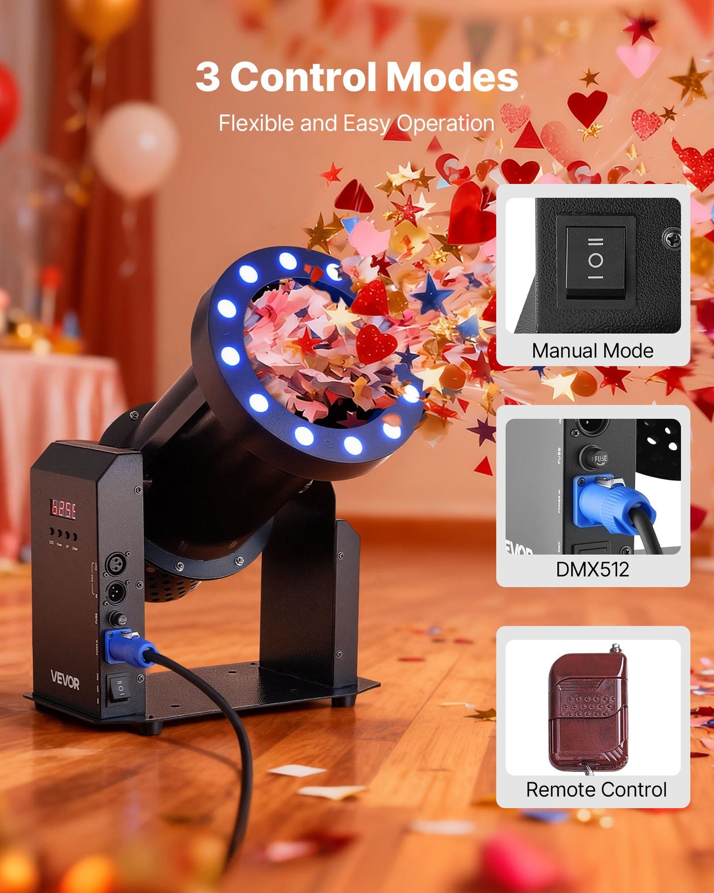 Electric Confetti Machine with LED Lights, 1500W Powerful Output Confetti Cannon Launcher, DMX512, Manual & Remote Control, Portable Confe-tti Shooter for Wedding Christmas Event Show Stage