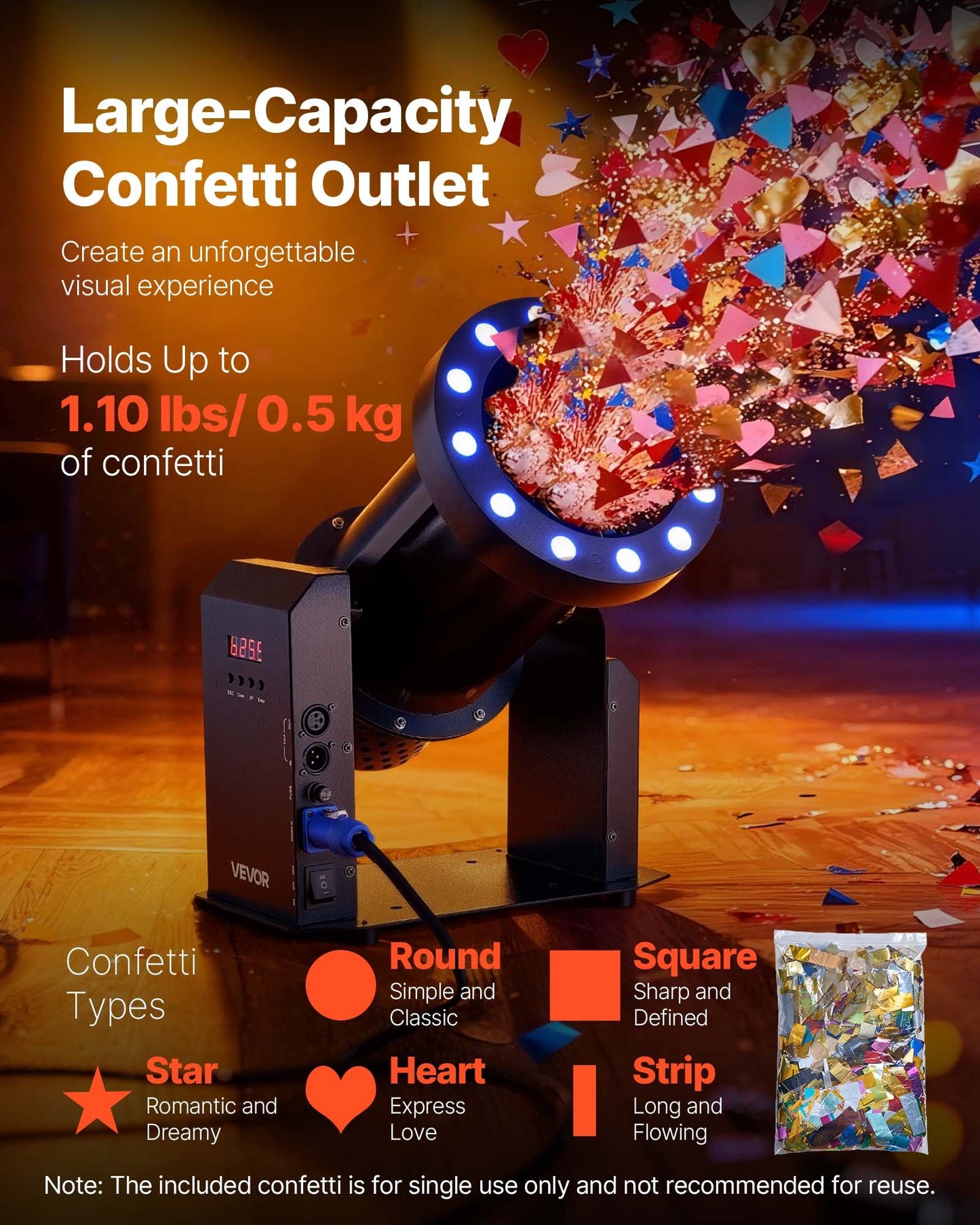 Electric Confetti Machine with LED Lights, 1500W Powerful Output Confetti Cannon Launcher, DMX512, Manual & Remote Control, Portable Confe-tti Shooter for Wedding Christmas Event Show Stage