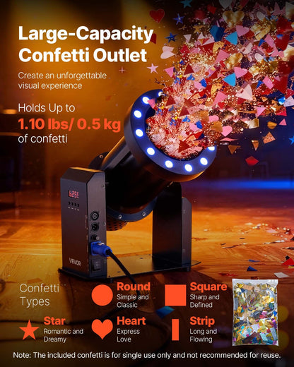 Electric Confetti Machine with LED Lights, 1500W Powerful Output Confetti Cannon Launcher, DMX512, Manual & Remote Control, Portable Confe-tti Shooter for Wedding Christmas Event Show Stage