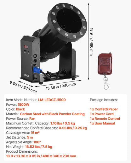 Electric Confetti Machine with LED Lights, 1500W Powerful Output Confetti Cannon Launcher, DMX512, Manual & Remote Control, Portable Confe-tti Shooter for Wedding Christmas Event Show Stage