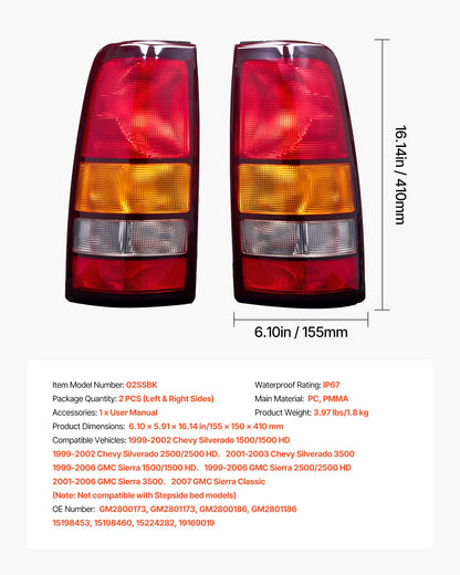 Tail Light Assembly Compatible with 1999-2003 Chevy Silverado 1999-2006 GMC Sierra 1500 1500 HD 2500 2500 HD 3500, 2007 GMC Sierra Classic Driver & Passenger Side Taillights without Bulbs (2PCS)