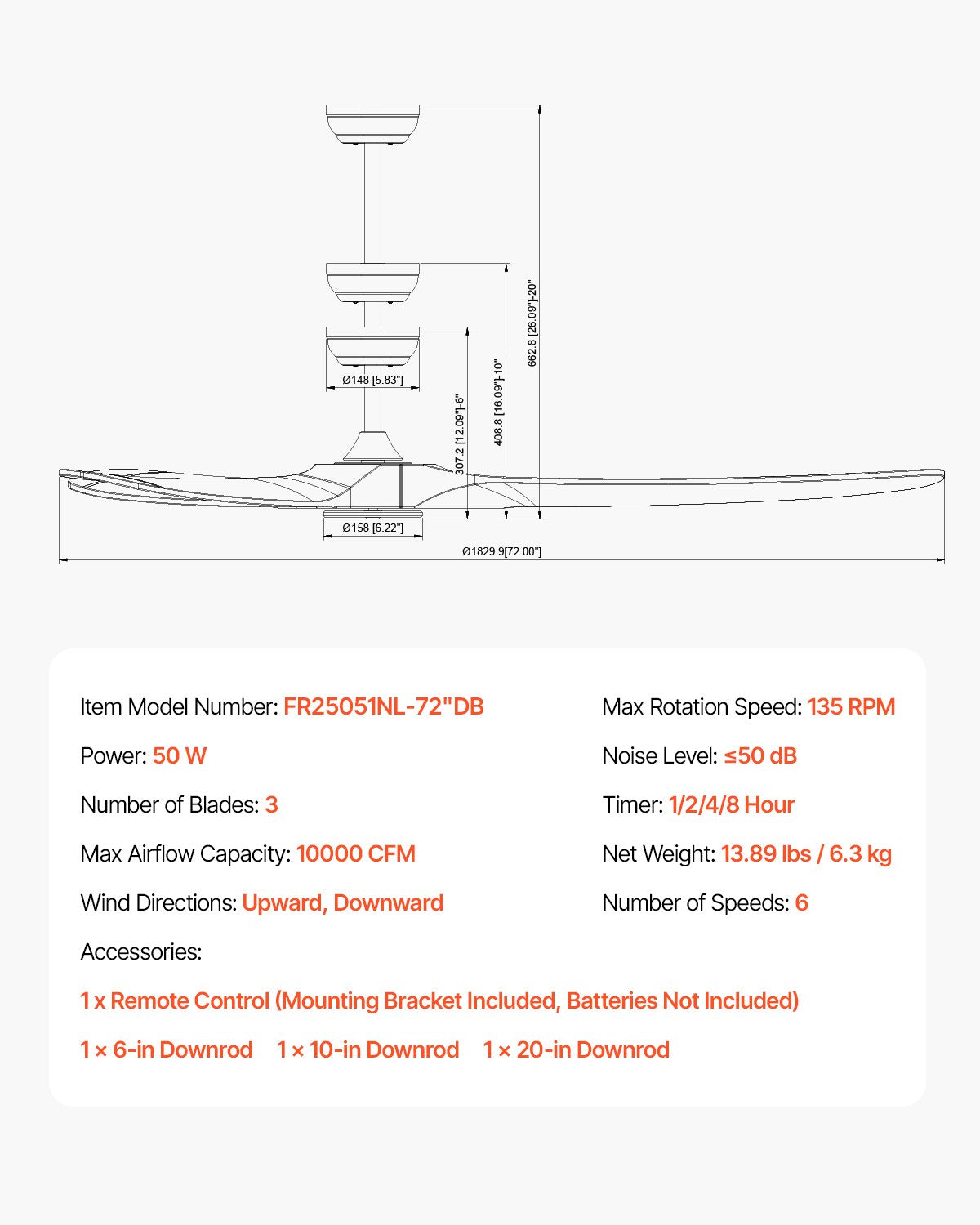 72" Deckenventilator mit Holzflügeln, ohne Licht, Fernbedienung, umkehrbarer Motor, Walnuss