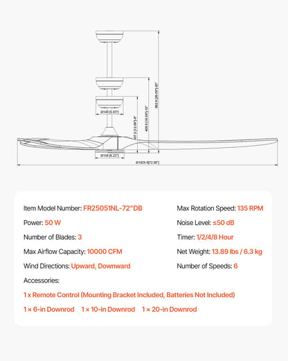 72" Deckenventilator mit Holzflügeln, ohne Licht, Fernbedienung, umkehrbarer Motor, Walnuss