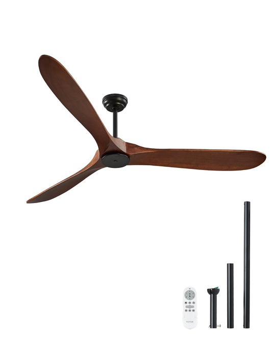 72" Wooden Blade Ceiling Fan No Light Remote Control Reversible Motor Walnut
