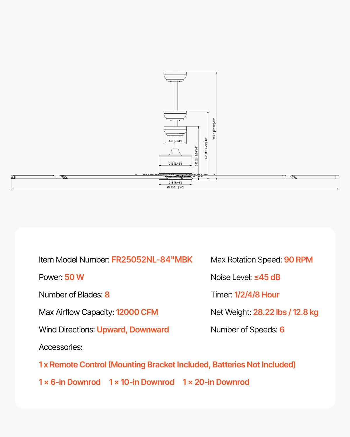 213 cm Aluminum Ceiling Fan Without Light Remote Control DC Motor Black