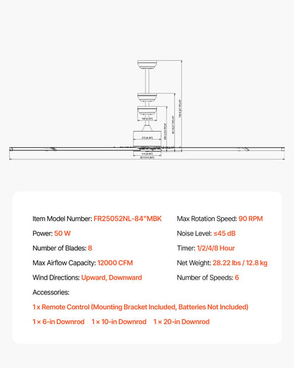 213 cm Aluminum Ceiling Fan Without Light Remote Control DC Motor Black