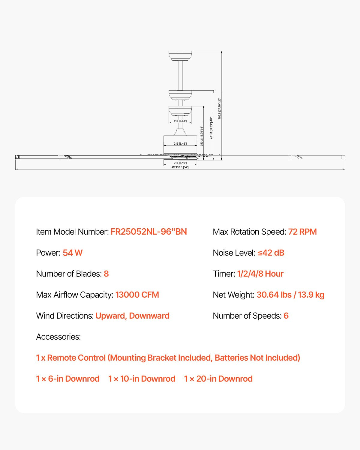 244 cm aluminum ceiling fan without light remote control Brushed nickel