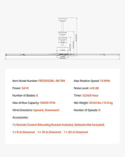 244 cm aluminum ceiling fan without light remote control Brushed nickel