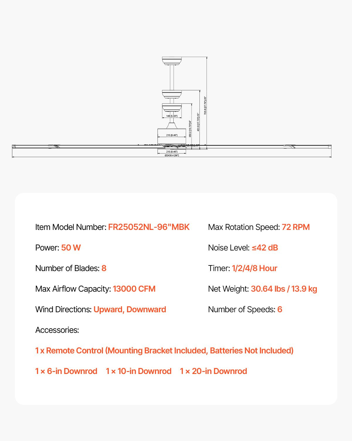 244 cm Aluminum Ceiling Fan Without Light Remote Control DC Motor Black