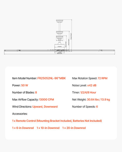 244 cm Aluminum Ceiling Fan Without Light Remote Control DC Motor Black