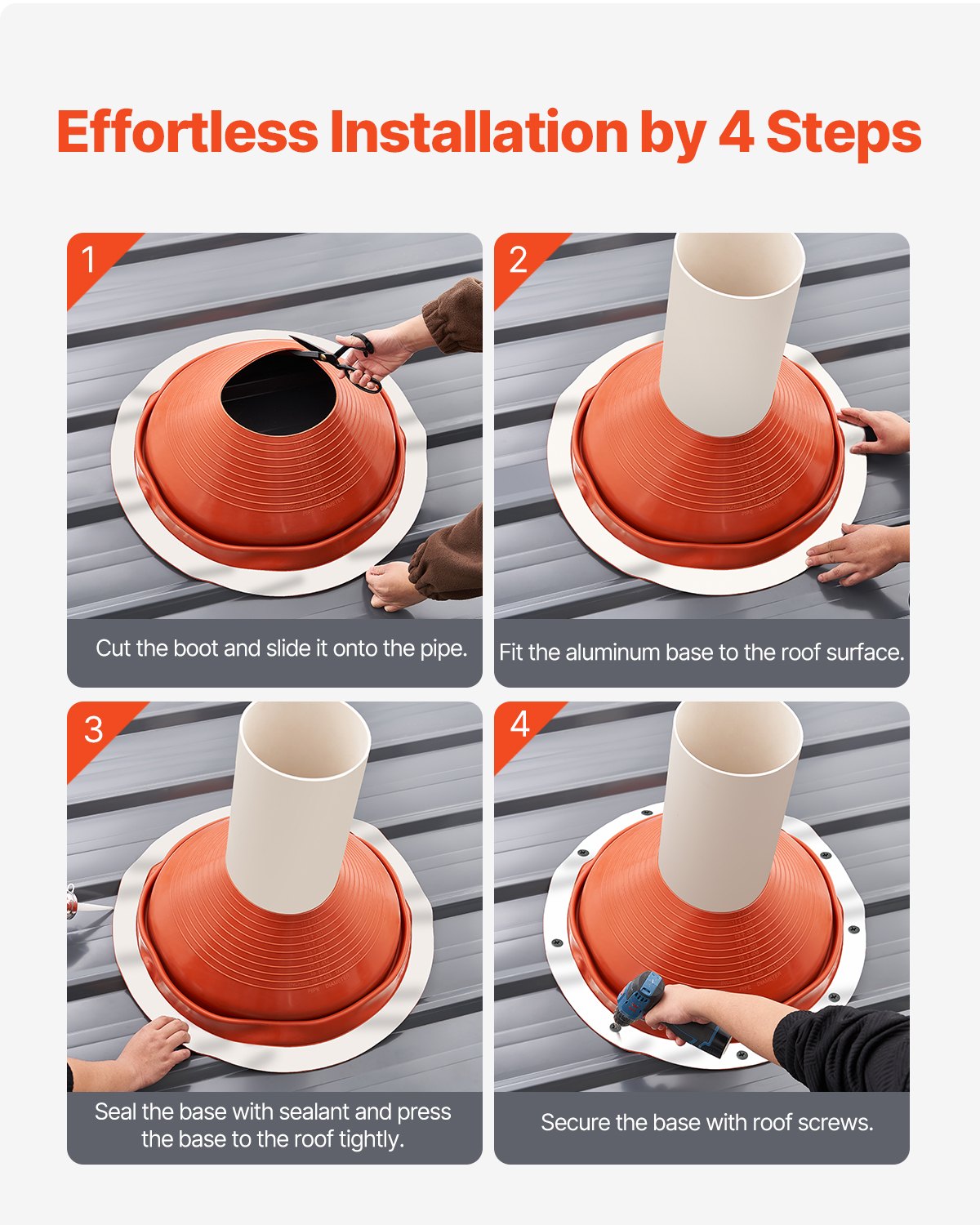 Metall-Dachrohr-Blinkmanschette, passend für 10" - 19" Rohre, Hochtemperatur-Silikon in Rot