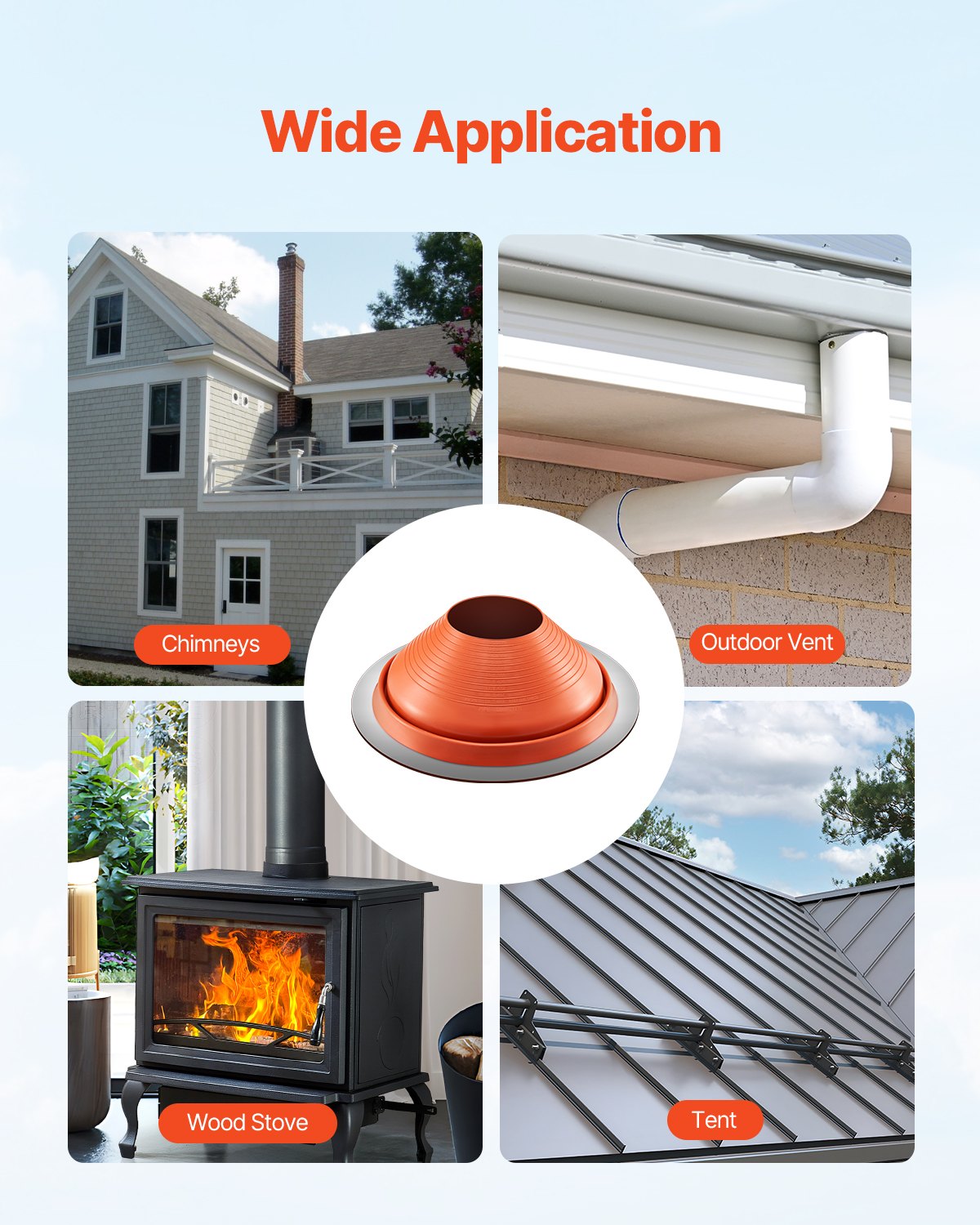Metall-Dachrohr-Blinkmanschette, passend für 10" - 19" Rohre, Hochtemperatur-Silikon in Rot
