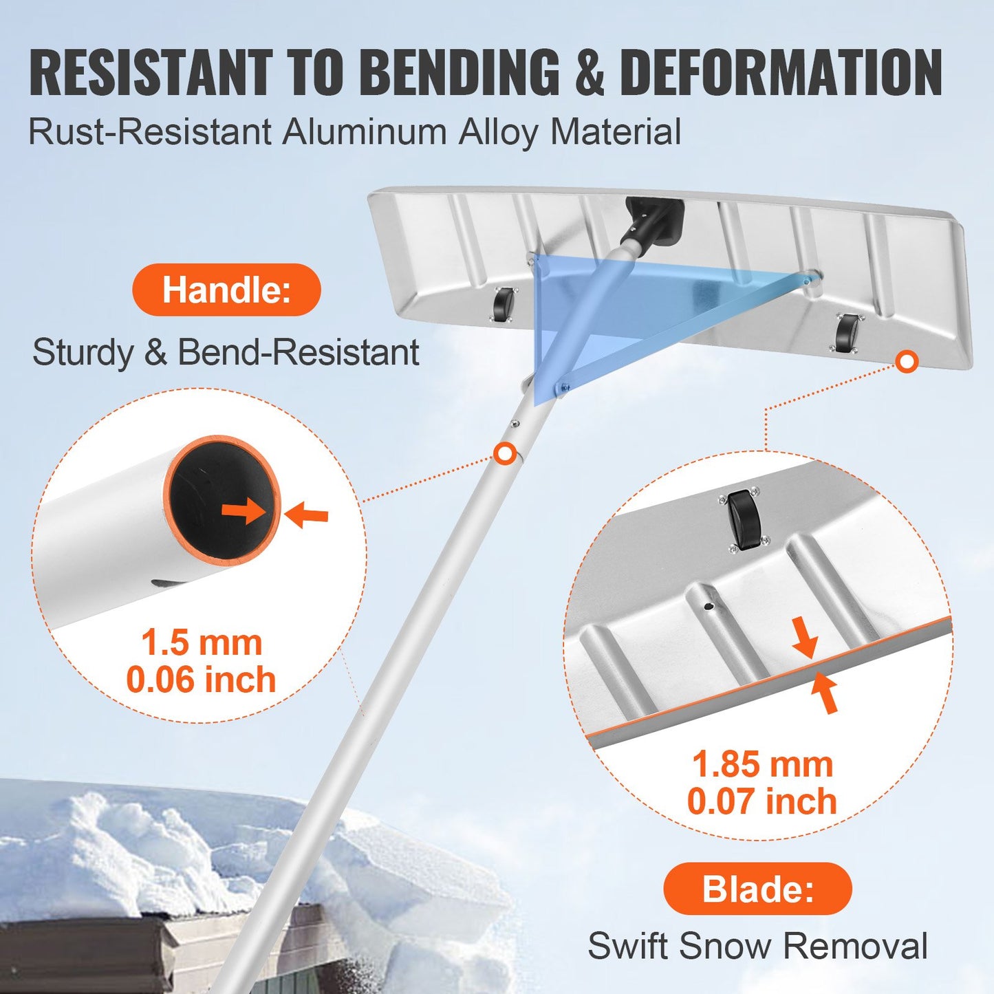 Snöräcka, 25-tums verktyg för snöröjning av knivar, takskyffel i aluminium med 21 fots räckvidd, rullhjul för takskydd, antisladdhandtag, lätt att installera och använda för hustak, bilsnö, våta löv