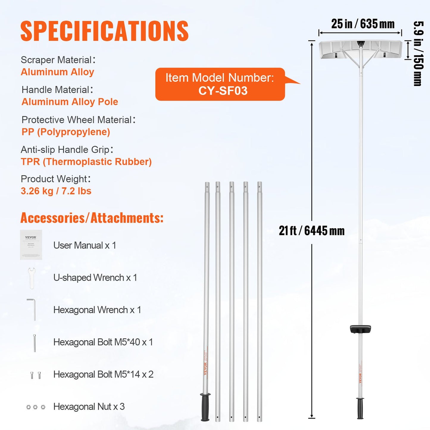 Snöräcka, 25-tums verktyg för snöröjning av knivar, takskyffel i aluminium med 21 fots räckvidd, rullhjul för takskydd, antisladdhandtag, lätt att installera och använda för hustak, bilsnö, våta löv
