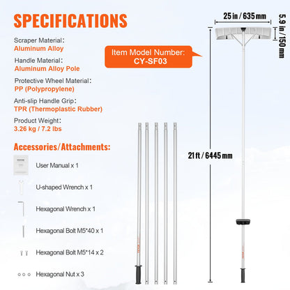 Snöräcka, 25-tums verktyg för snöröjning av knivar, takskyffel i aluminium med 21 fots räckvidd, rullhjul för takskydd, antisladdhandtag, lätt att installera och använda för hustak, bilsnö, våta löv