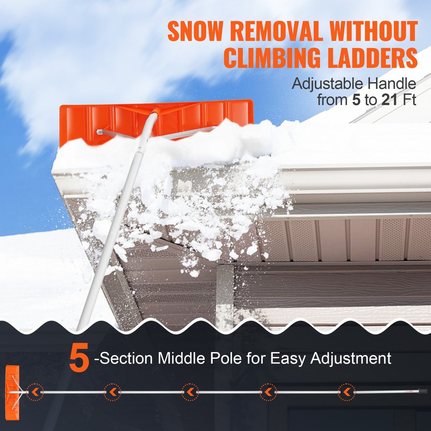 Snow Roof Rake, 25" Plastic Blade Snow Removal Tool, 21ft Reach Aluminium Handle, Superior Roof Shovel with Anti-Slip Handle Grip, Easy to Setup & Use for House Roof, Car Snow, Wet Leaves