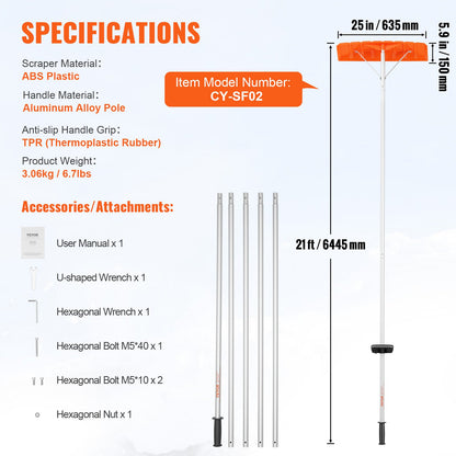 Snow Roof Rake, 25" Plastic Blade Snow Removal Tool, 21ft Reach Aluminium Handle, Superior Roof Shovel with Anti-Slip Handle Grip, Easy to Setup & Use for House Roof, Car Snow, Wet Leaves