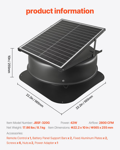 Solar Attic Fan, 42 W, 2800 CFM Large Air Flow Solar Roof Vent Fan, Low Noise and Weatherproof with 110V Smart Adapter, Ideal for Home, Greenhouse, Garage, Shop, RV, FCC Listed