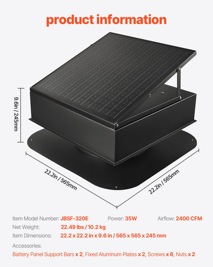 Solar Roof Attic Exhaust Fan 35W with Smart Thermostat Brushless Motor