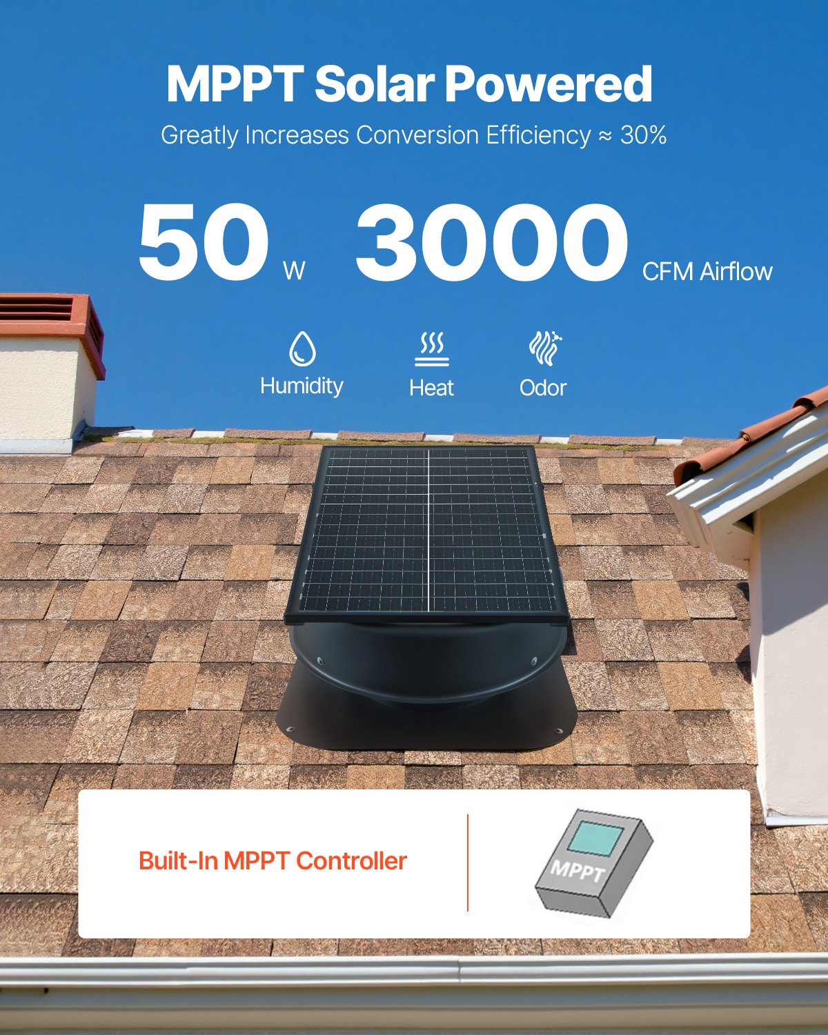 Solar Roof Attic Exhaust Fan 50W with Smart Thermostat Remote Control