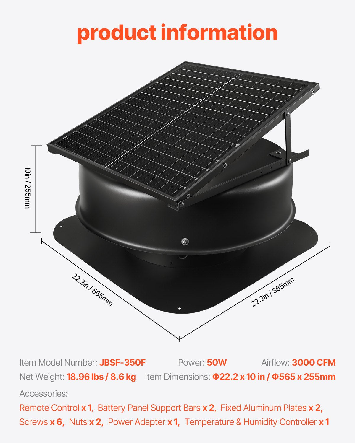 Solar Roof Attic Exhaust Fan 50W with Smart Thermostat Remote Control