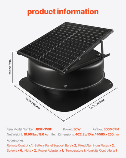 Solar Roof Attic Exhaust Fan 50W with Smart Thermostat Remote Control