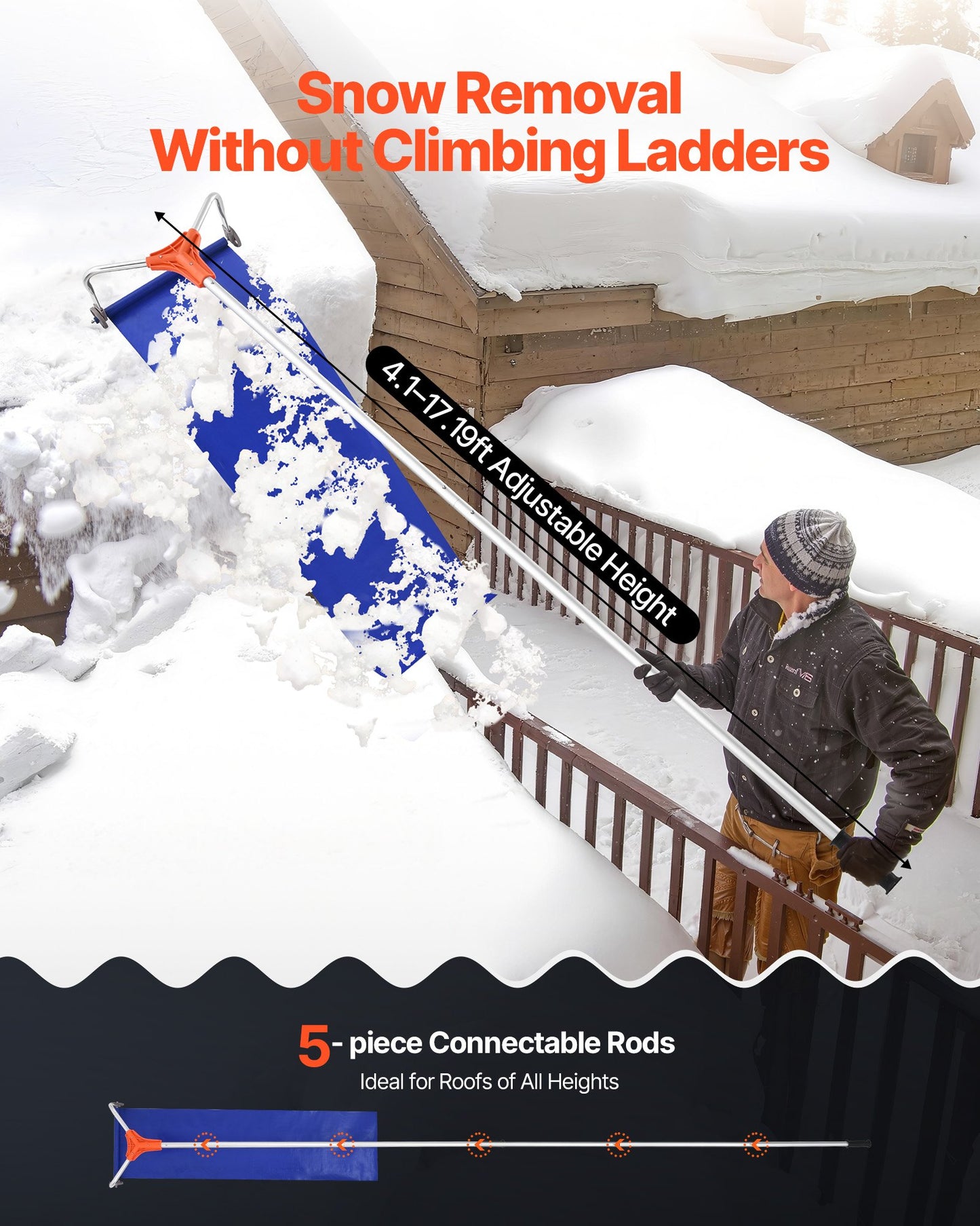 Snow Roof Rake, 17 in Aluminum Blade, 4.1-17.2 ft Adjustable Roof Snow Scraper with Wheels & Slide, Lightweight Snows Removal Tool for House Rooftop Leaves Debris Clearing