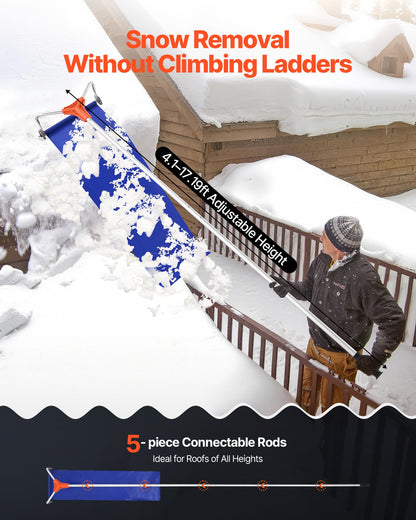 Snow Roof Rake, 17 in Aluminum Blade, 4.1-17.2 ft Adjustable Roof Snow Scraper with Wheels & Slide, Lightweight Snows Removal Tool for House Rooftop Leaves Debris Clearing