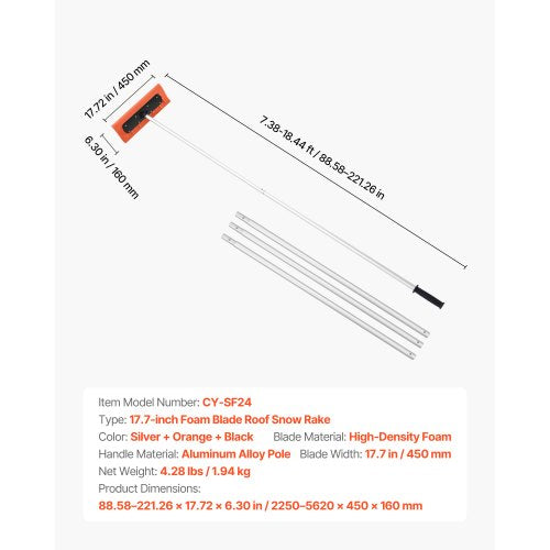 snötakskrapa, 45 cm skumblad, 2,25-5,62 m justerbar snöskrapa, förlängningsrör och halkfritt handtag, lätt snöborttagningsverktyg för lövborttagning och skräpborttagning |  EU