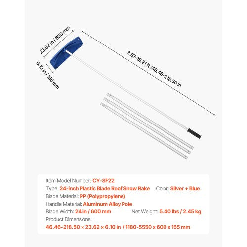 snötakskrapa, 60 cm PP-plastblad, 1,18-5,55 m justerbar taksnöskrapa med hjul, halkfritt handtag för snöborttagning, lätt takskrapa för lövborttagning |  EU