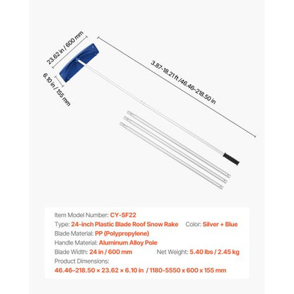 snötakskrapa, 60 cm PP-plastblad, 1,18-5,55 m justerbar taksnöskrapa med hjul, halkfritt handtag för snöborttagning, lätt takskrapa för lövborttagning |  EU