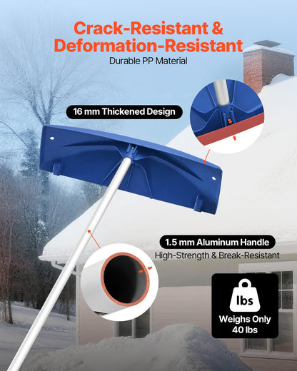 Snow Roof Rake, 24 in PP Plastic Blade, 3.8-18.2 ft Adjustable Roof Snow Scraper with Wheels, Anti-Slip Handle Snows Removal Tool, Lightweight House Rooftop Rake for Leaves Debris Removal
