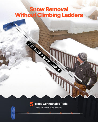 Snow Roof Rake, 24 in PP Plastic Blade, 3.8-18.2 ft Adjustable Roof Snow Scraper with Wheels, Anti-Slip Handle Snows Removal Tool, Lightweight House Rooftop Rake for Leaves Debris Removal