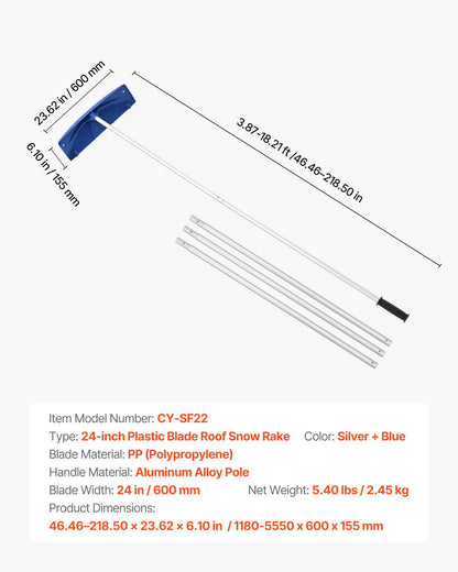 Snow Roof Rake, 24 in PP Plastic Blade, 3.8-18.2 ft Adjustable Roof Snow Scraper with Wheels, Anti-Slip Handle Snows Removal Tool, Lightweight House Rooftop Rake for Leaves Debris Removal