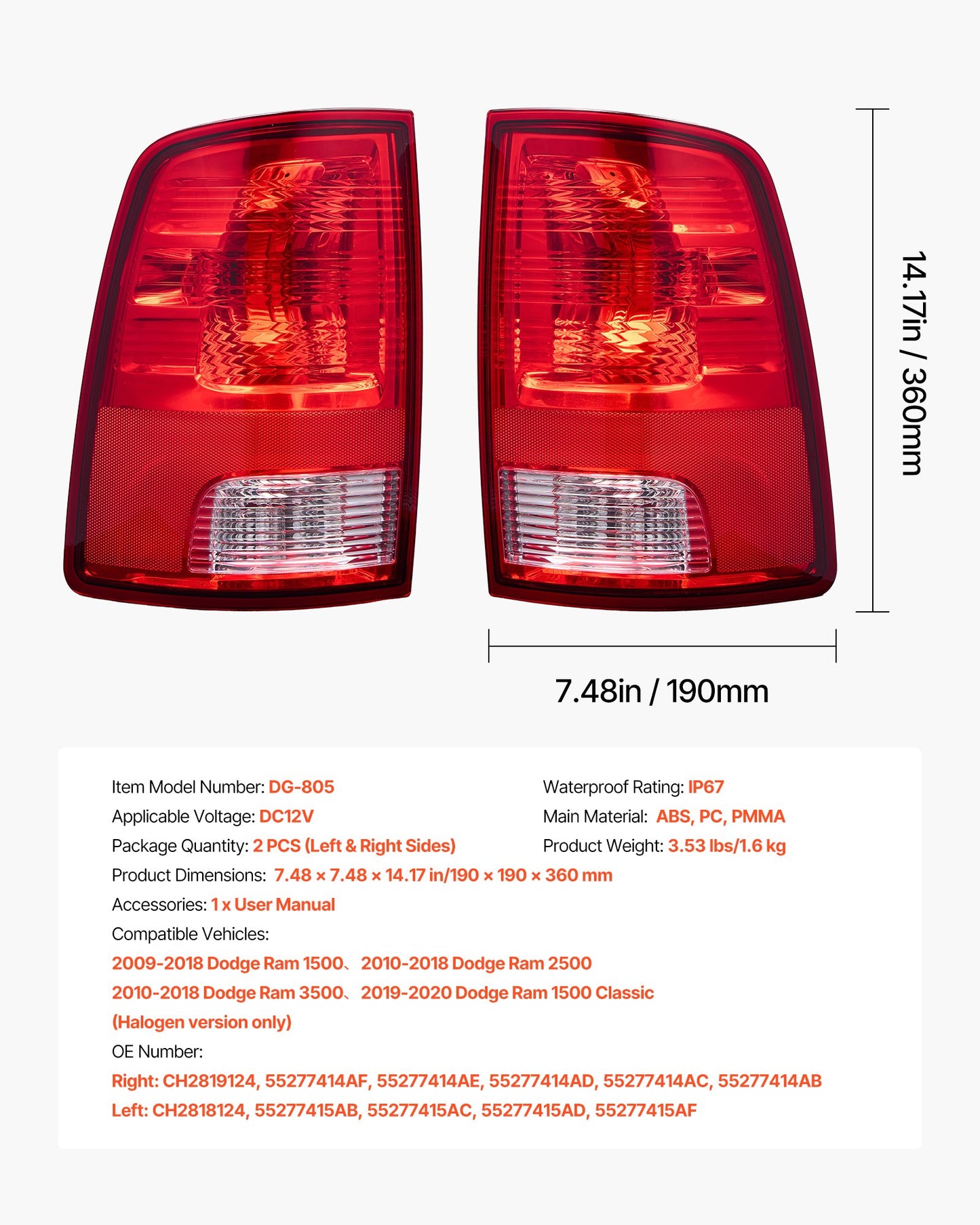 Tail Light Assembly Compatible with 2009-2018 Dodge Ram 1500 2500 3500, 2019-2020 Dodge Ram 1500 Classic, Halogen Version Left & Right Side Taillight Rear Brake Lamps with Halogen Bulbs, 2PCS