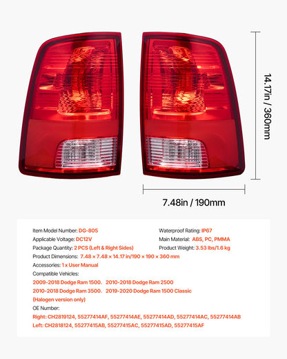 Tail Light Assembly Compatible with 2009-2018 Dodge Ram 1500 2500 3500, 2019-2020 Dodge Ram 1500 Classic, Halogen Version Left & Right Side Taillight Rear Brake Lamps with Halogen Bulbs, 2PCS