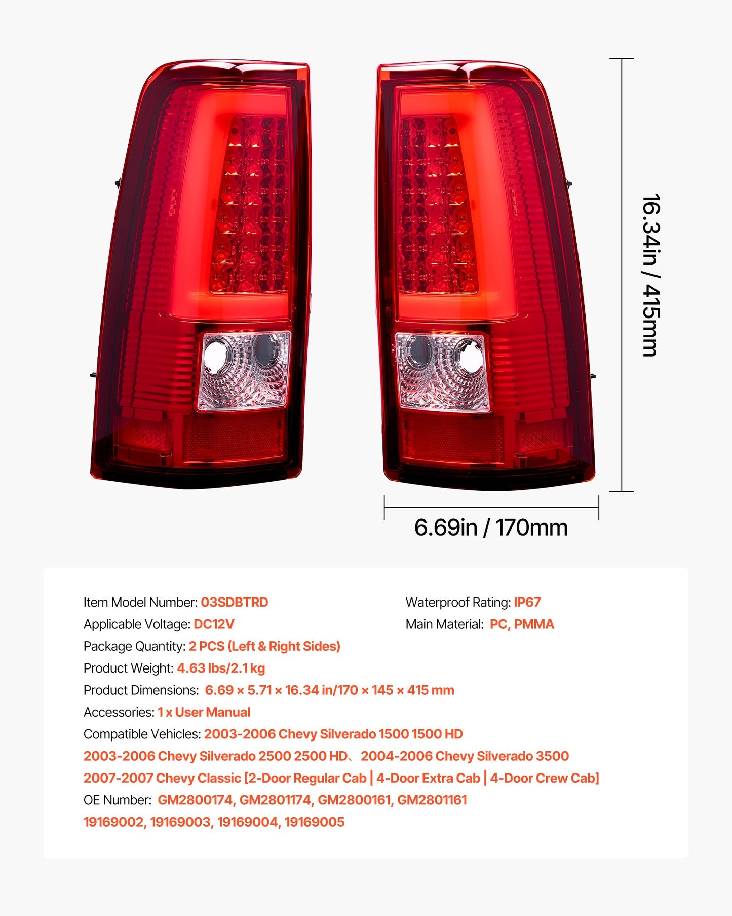 Tail Light Assembly Compatible with 2003-2006 Chevy Silverado 1500 1500 HD 2500 2500 HD 3500, 2007-2007 Chevy Classic, 2PCS Driver & Passenger Side LED Taillight Brake Lamps with Bulbs, Red