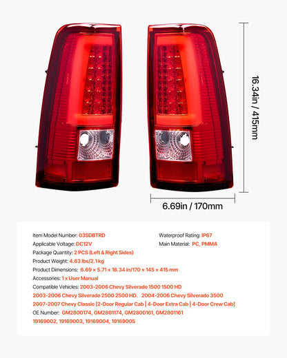 Tail Light Assembly Compatible with 2003-2006 Chevy Silverado 1500 1500 HD 2500 2500 HD 3500, 2007-2007 Chevy Classic, 2PCS Driver & Passenger Side LED Taillight Brake Lamps with Bulbs, Red