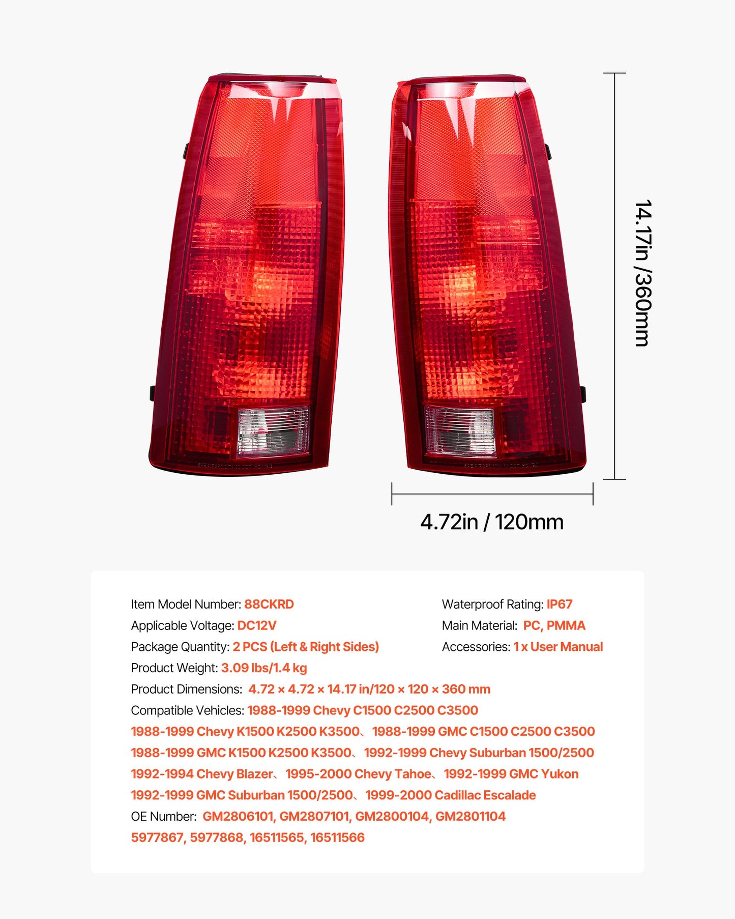 Tail Light Assembly Compatible with 1988-1999 Chevy/GMC C/K 1500 2500 3500, 1992-1999 Chevy/GMC Suburban 1500/2500, 2PCS Left & Right Side Taillight Rear Brake Lamps with Halogen Bulbs