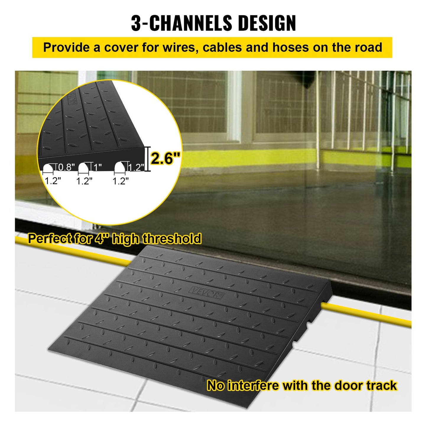 Rubber Threshold Ramp, 2.6\" Rise Threshold Ramp Doorway, 3 Channels Cord Cover Rubber Solid Threshold Ramp, Rubber Angled Entry Rated 2202 Lbs Load Capacity for Wheelchair and Scooter