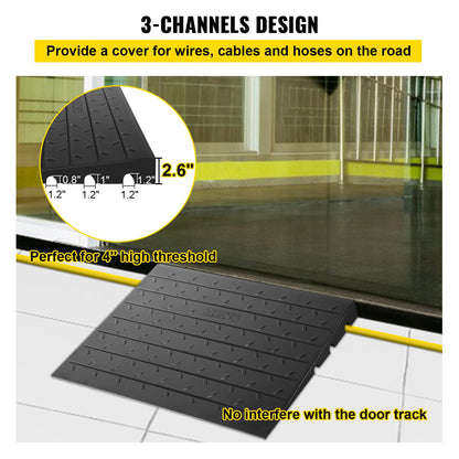 Rubber Threshold Ramp, 2.6\" Rise Threshold Ramp Doorway, 3 Channels Cord Cover Rubber Solid Threshold Ramp, Rubber Angled Entry Rated 2202 Lbs Load Capacity for Wheelchair and Scooter