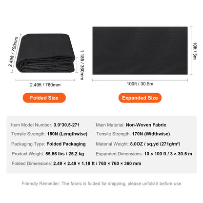 Non Woven Geotextile Fabric Under Gravel, 10x100FT 8OZ Driveway Fabric Landscape Fabric, Heavy Duty Weed Barrier Fabric, Ground Cover Weed Control Fabric, French Drains Drainage Fabric, Black