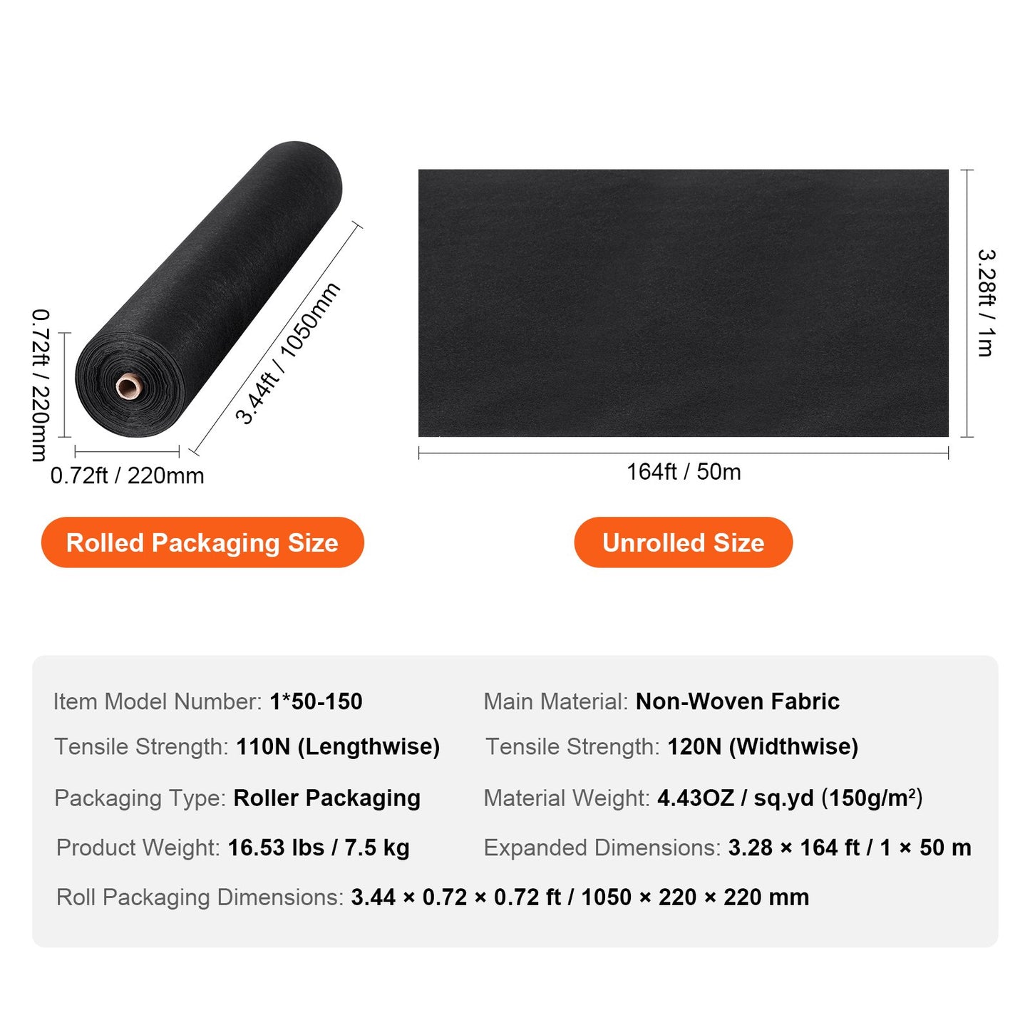 Einfahrtsgewebe, 3,28 x 164 Fuß, Vlies-Geotextilgewebe für die Landschaftsgestaltung, strapazierfähiges Unkrautvlies für den Garten, 4,43 oz Landschaftsgewebe, Drainagegewebe für Sickergräben, Bodendecker zur Unkrautbekämpfung