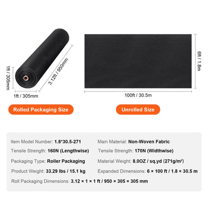 Non Woven Geotextile Fabric Under Gravel, 6x100FT 8OZ Driveway Fabric Landscape Fabric, Heavy Duty Weed Barrier Fabric, Ground Cover Weed Control Fabric, French Drains Drainage Fabric, Black