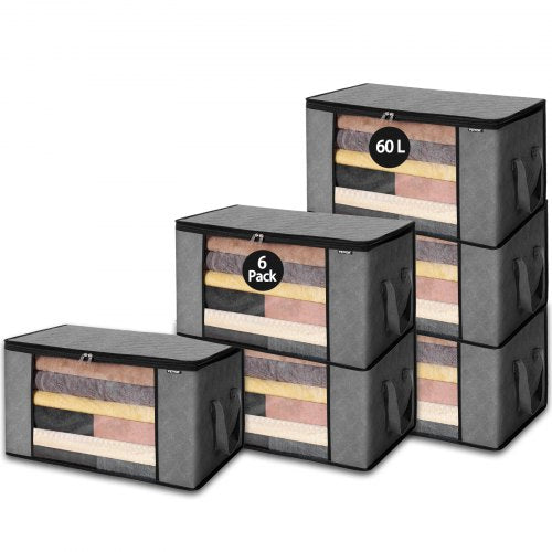 60L Large Storage Bags, 6 Pack Clothes Storage Bin, Foldable Closet Organizers Containers with Handle, Nov-woven Fabric Storage Bag for Clothing, Blanket, Comforter, Bed Sheet, Pillow(Grey)